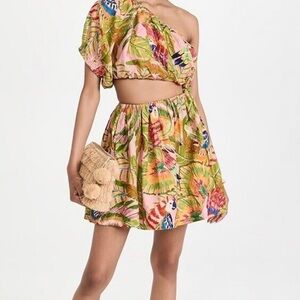 FARM RIO
Macaw Leaves One-Shoulder Cut-Out Minidress